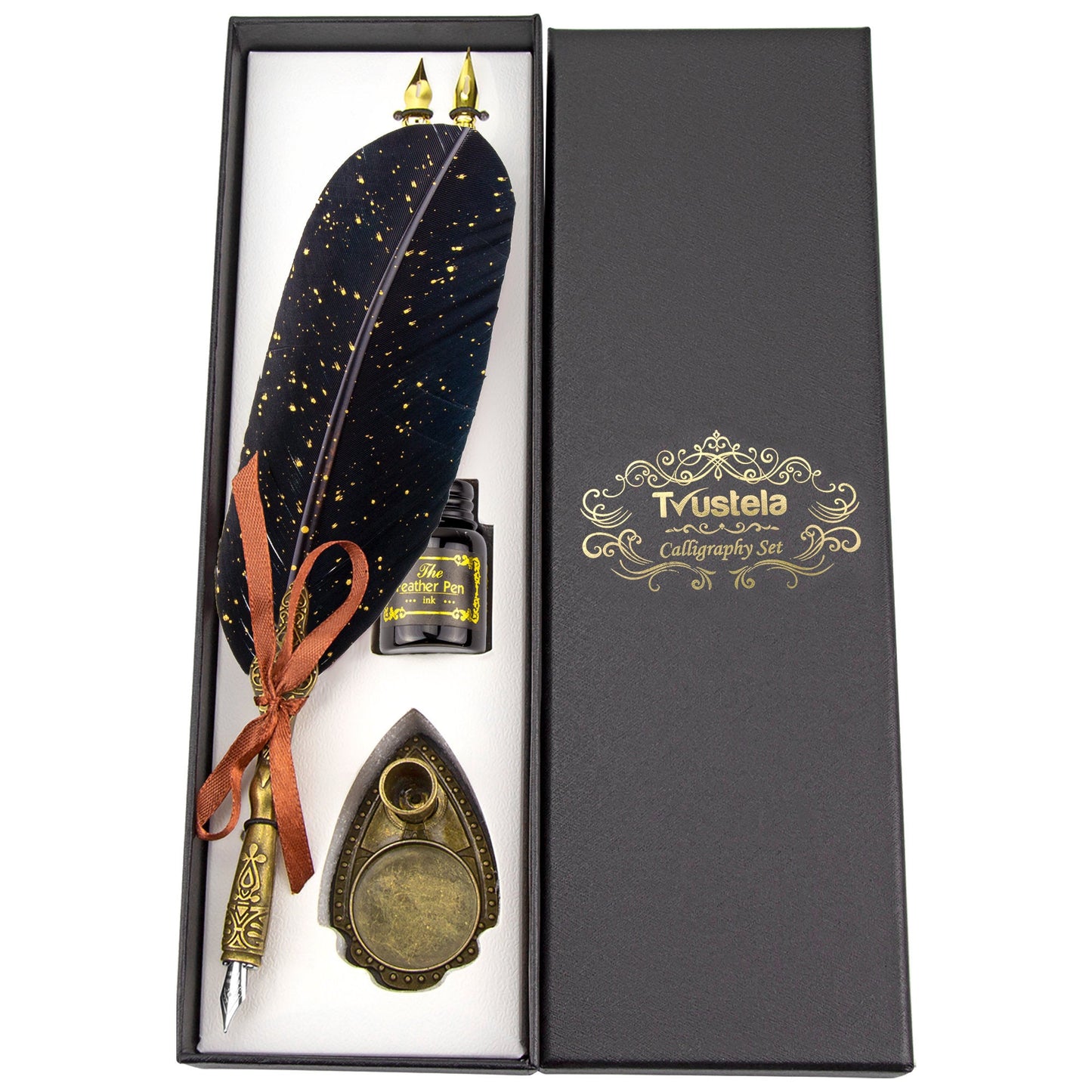 Trustela's Quill Pen And Ink Set - Includes Feather Pen Antique, Dip Pen Stand, Calligraphy Nibs And Black Ink Well In A Gift Box