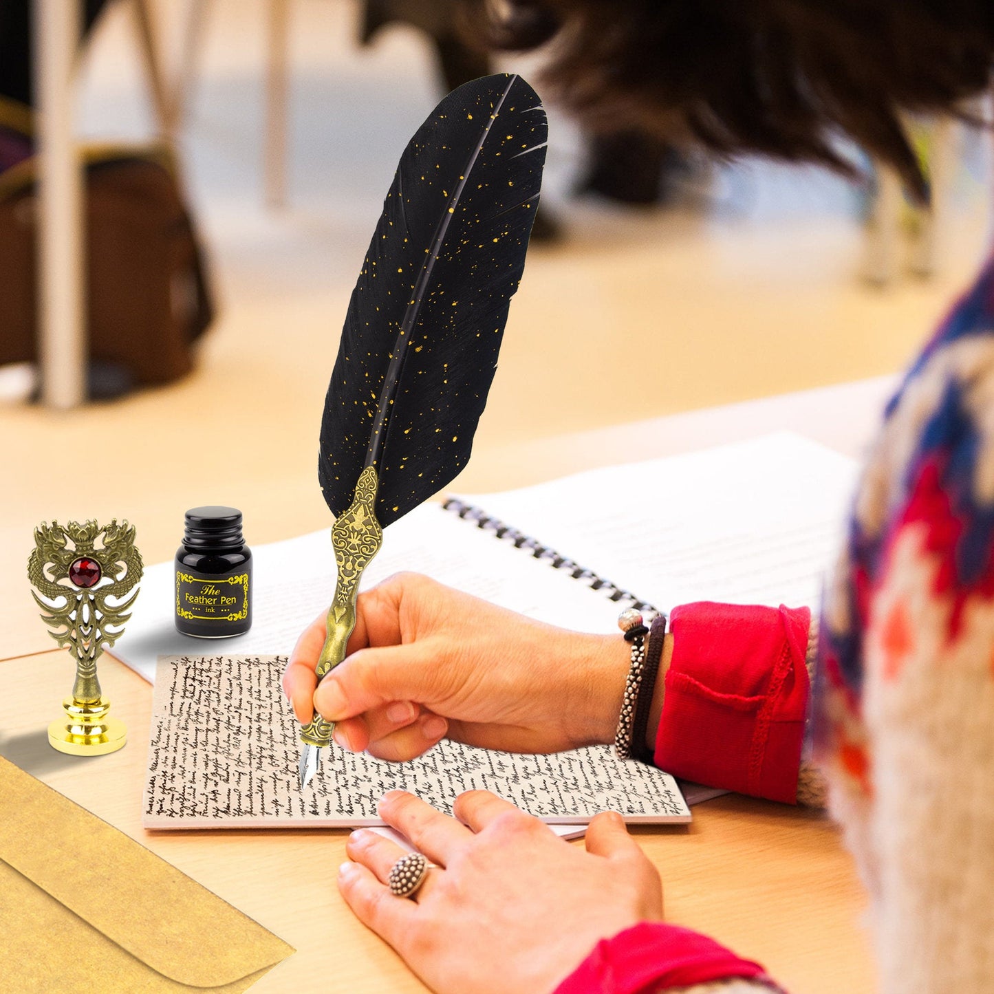 Quill And Ink Wax Stamp Set - Feather Pen Antique, Wax Stamp, Wax, Candle, Spoon, Letter Opener, Dip Pen Stand, Nibs & Ink Well In Gift Box