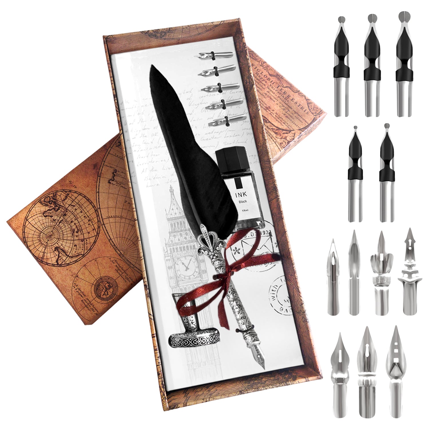 Vintage-Style Feather Quill Dip Pen & Ink Set with Quill, Ink & Nibs
