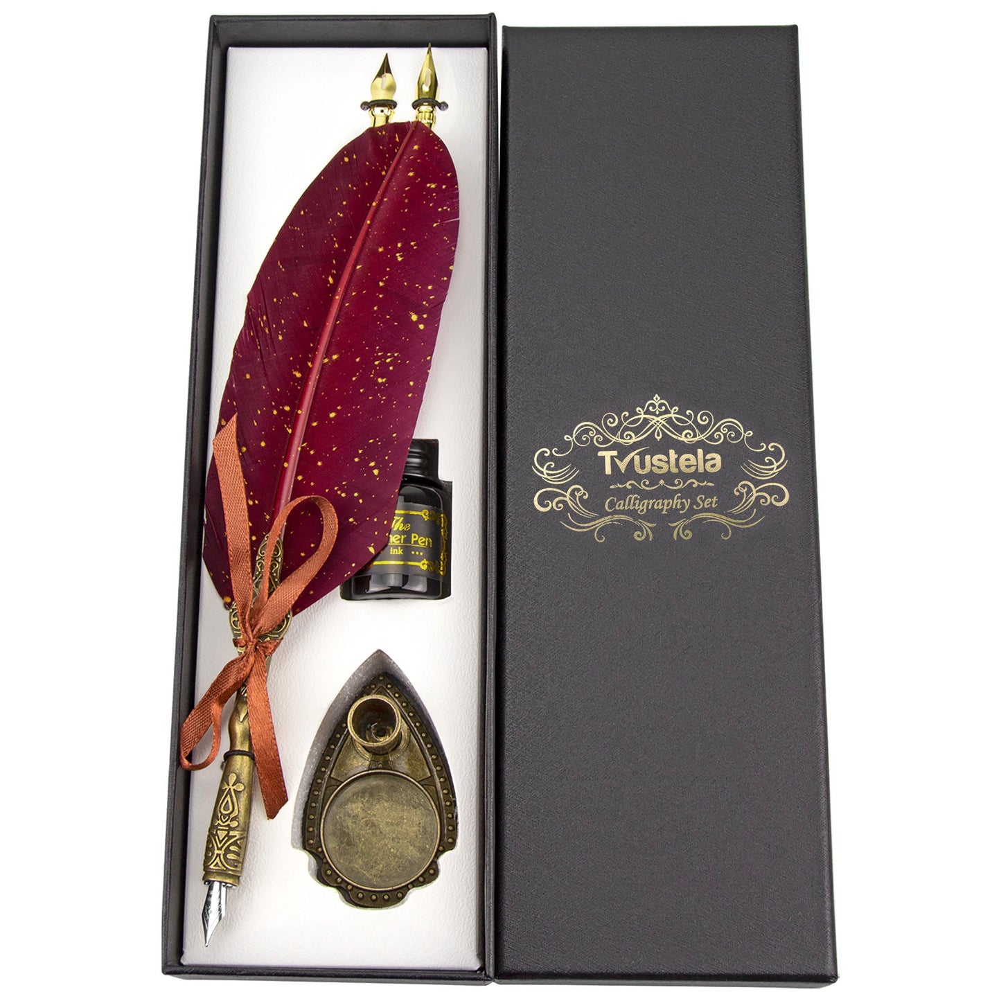 Trustela's Quill Pen And Ink Set - Includes Feather Pen Antique, Dip Pen Stand, Calligraphy Nibs And Black Ink Well In A Gift Box