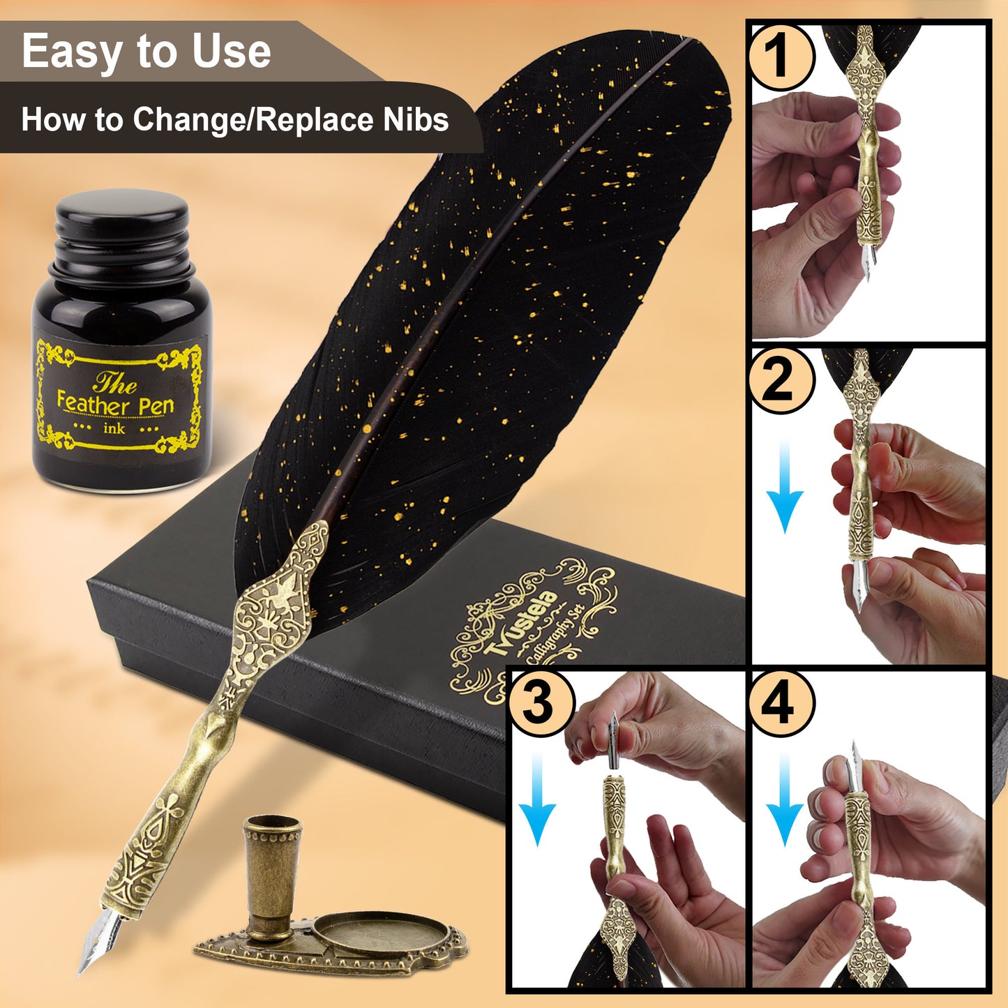 Trustela's Quill Pen And Ink Set - Includes Feather Pen Antique, Dip Pen Stand, Calligraphy Nibs And Black Ink Well In A Gift Box