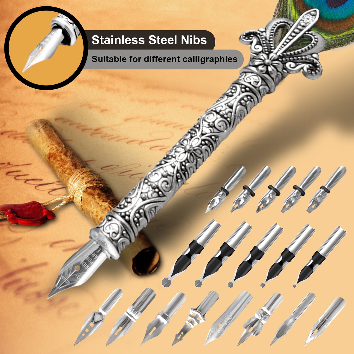 Peacock Feather Pen, Quill And Ink Set, Dip Pen Set, Quill Pen And Ink, Calligraphy Pen Set, Quill And Ink Set,Calligraphy Set For Beginners