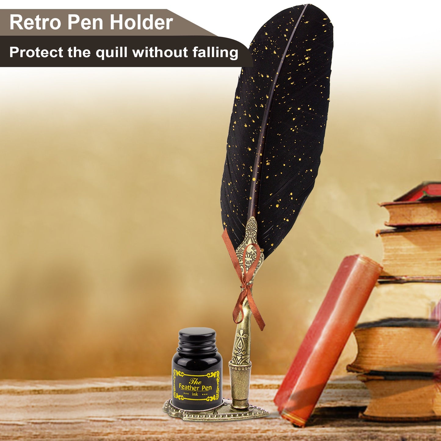 Trustela's Quill Pen And Ink Set - Includes Feather Pen Antique, Dip Pen Stand, Calligraphy Nibs And Black Ink Well In A Gift Box