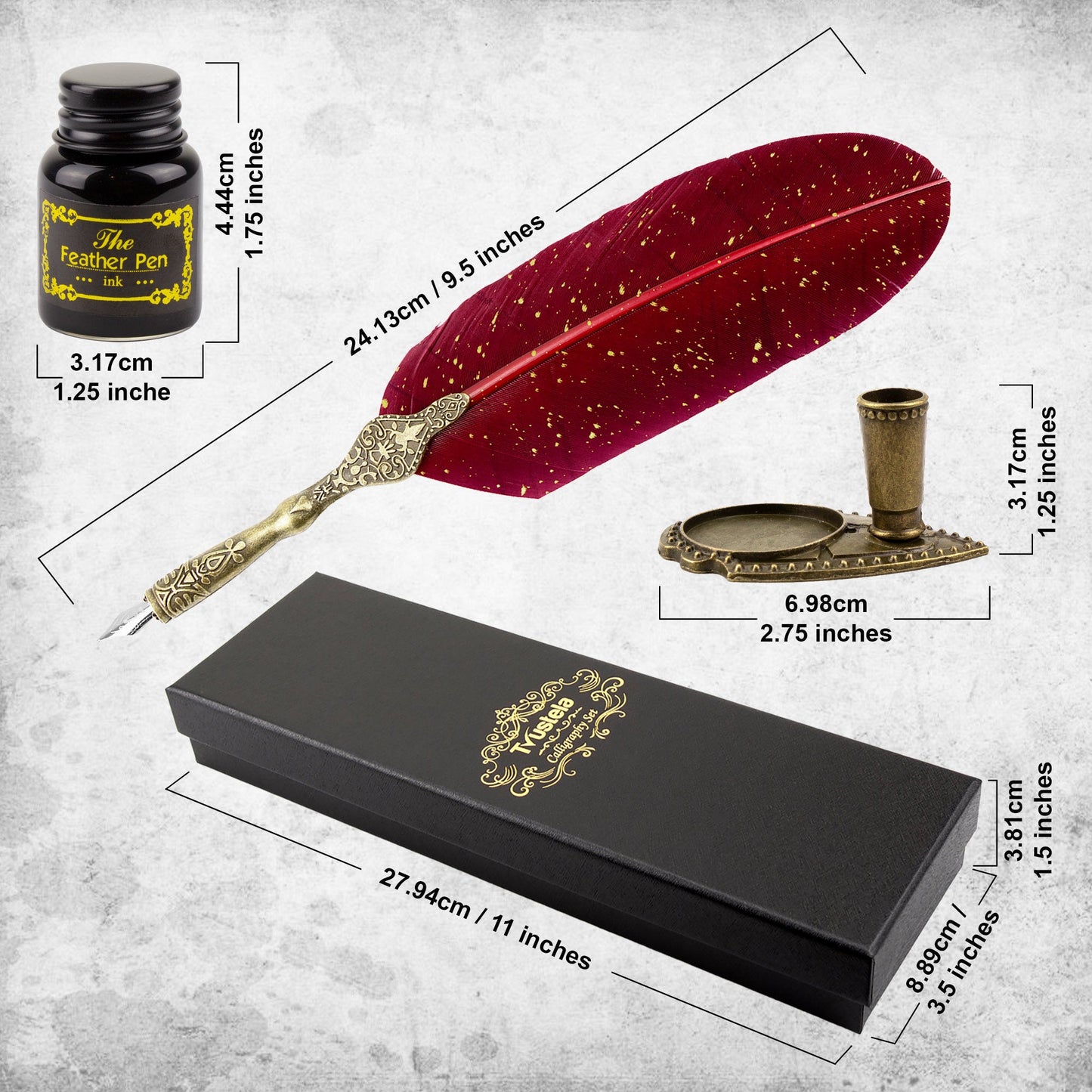 Trustela's Quill Pen And Ink Set - Includes Feather Pen Antique, Dip Pen Stand, Calligraphy Nibs And Black Ink Well In A Gift Box