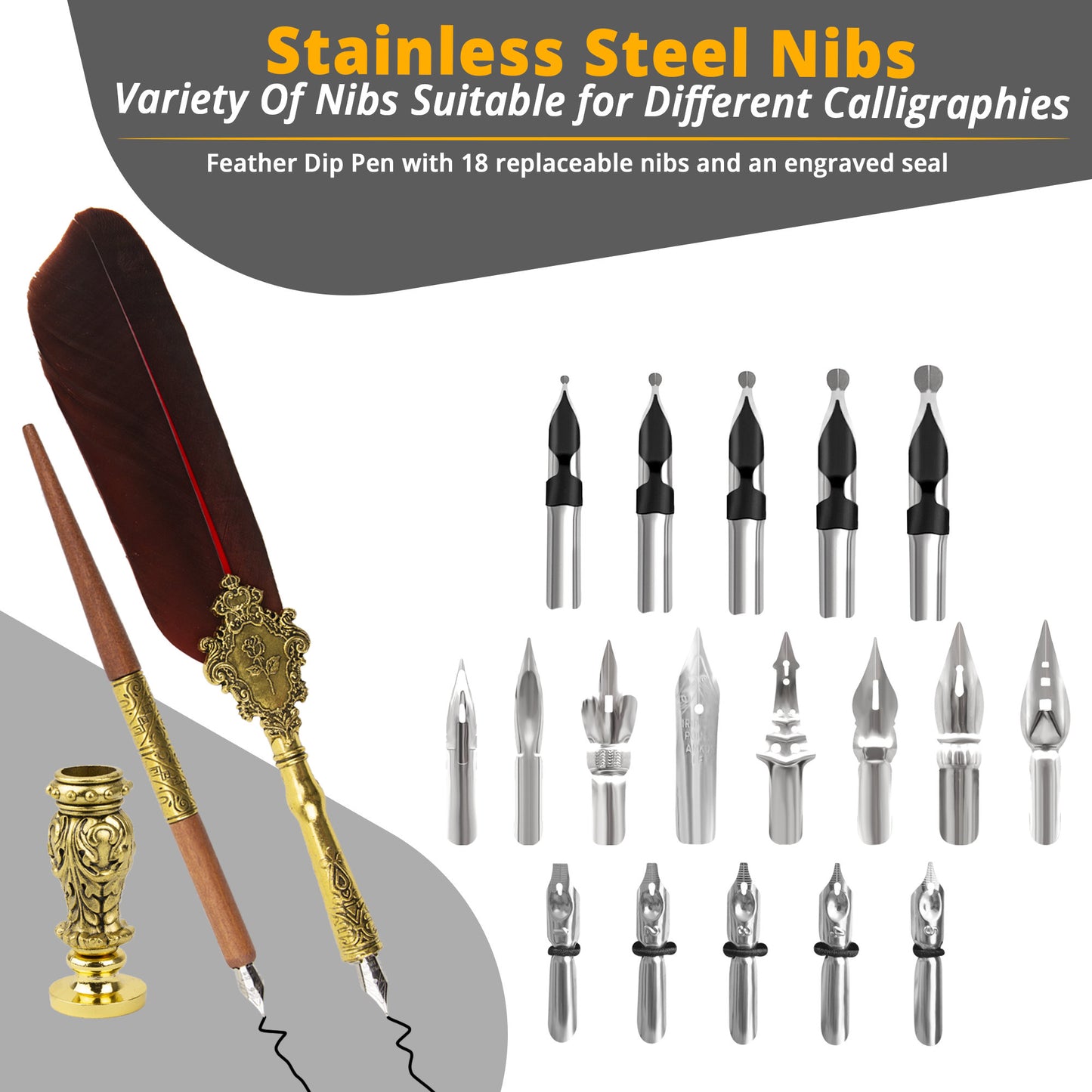 Trustela's Quill And Ink Wax Stamp Set - Wooden Pen, Feather Pen Antique, Dip Pen Stand/Seal, Nibs, Wax, Spoon And Ink Well In A Gift Box