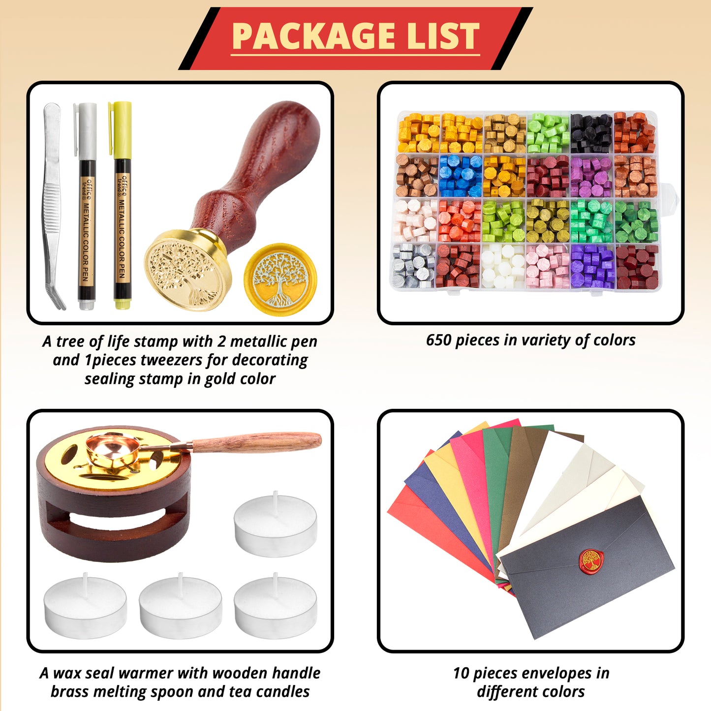Wax Seal Stamp Kit - Wax Seal Kit 650pcs Wax Seal Beads, Sealing Wax Warmer, Envelopes, Wax Stamp, Wax Seal Spoon, Candles, Tweezers and Pen