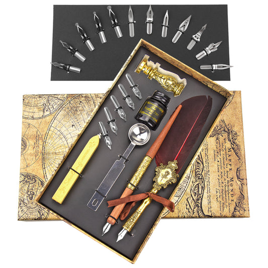 Trustela's Quill And Ink Wax Stamp Set - Wooden Pen, Feather Pen Antique, Dip Pen Stand/Seal, Nibs, Wax, Spoon And Ink Well In A Gift Box