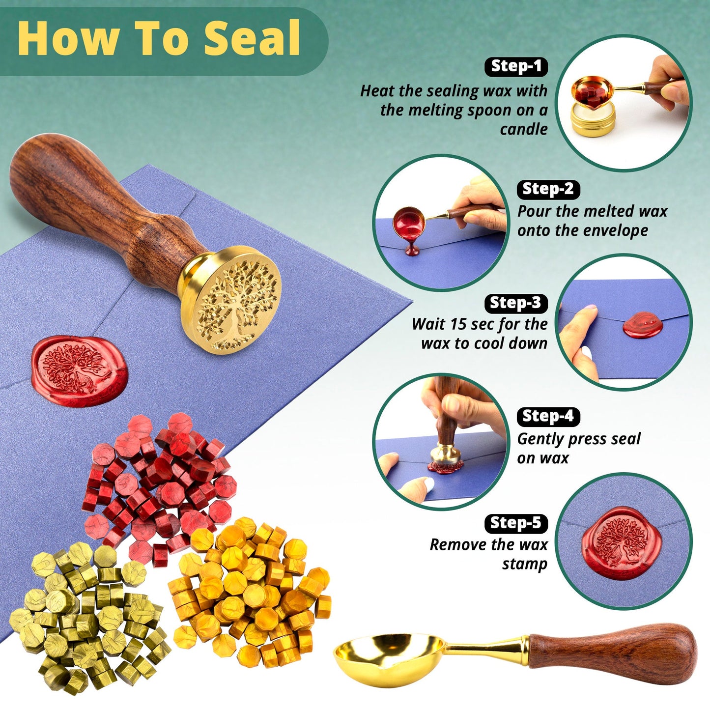 Wax Seal Stamp Kit - Wax Seal Kit With 165 pcs Wax Seal Beads, Tree Of Life Wax Stamp, Wax Seal Spoon And Tea light Candle In A Gift Box