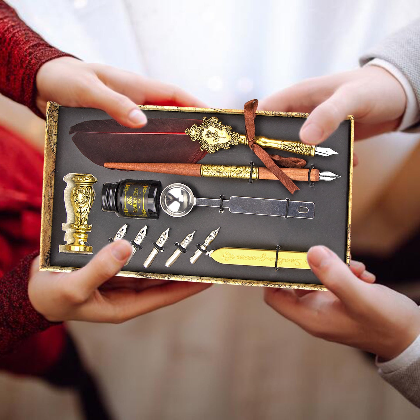 Trustela's Quill And Ink Wax Stamp Set - Wooden Pen, Feather Pen Antique, Dip Pen Stand/Seal, Nibs, Wax, Spoon And Ink Well In A Gift Box
