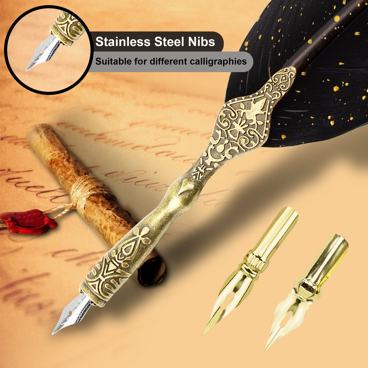 Trustela's Quill Pen And Ink Set - Includes Feather Pen Antique, Dip Pen Stand, Calligraphy Nibs And Black Ink Well In A Gift Box