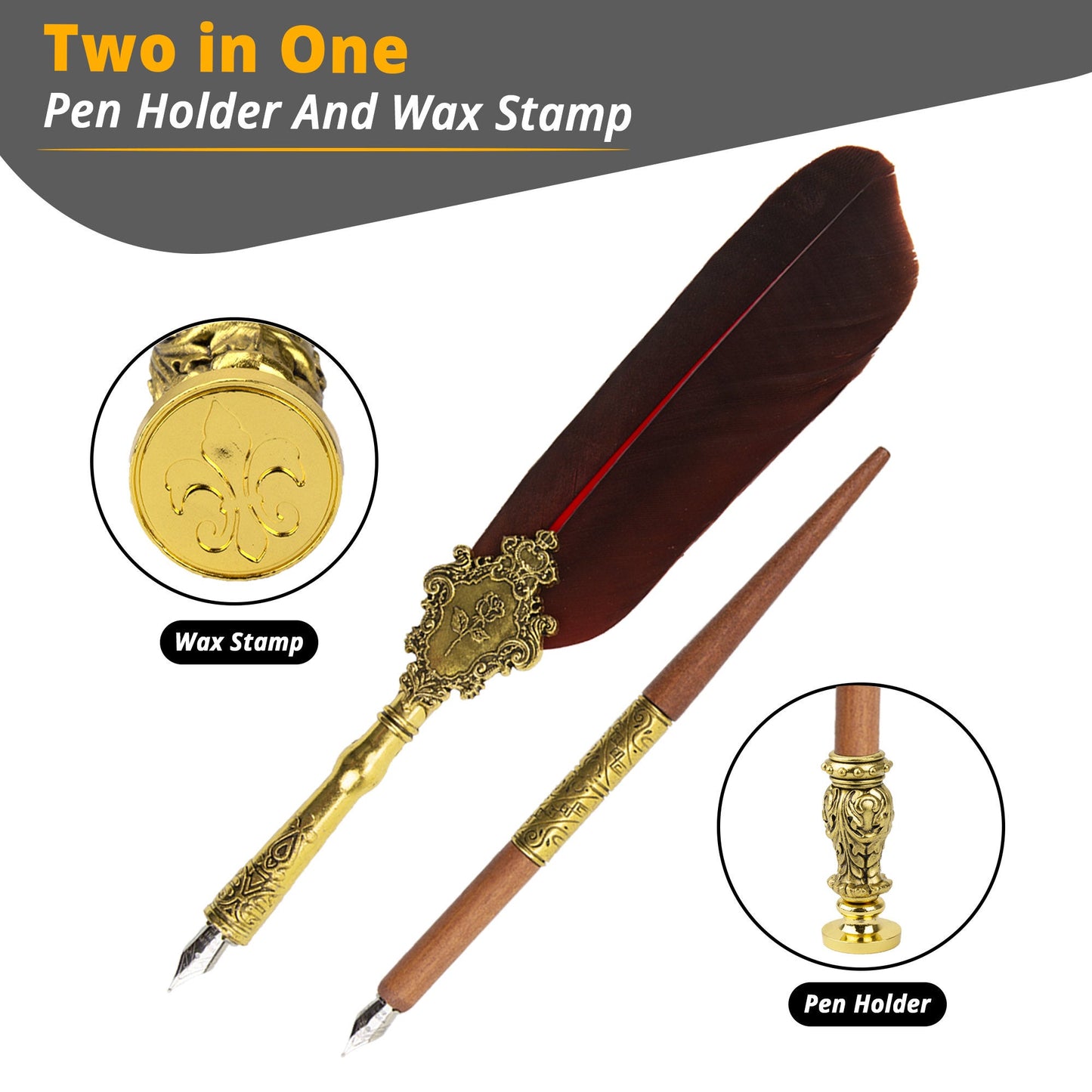 Trustela's Quill And Ink Wax Stamp Set - Wooden Pen, Feather Pen Antique, Dip Pen Stand/Seal, Nibs, Wax, Spoon And Ink Well In A Gift Box