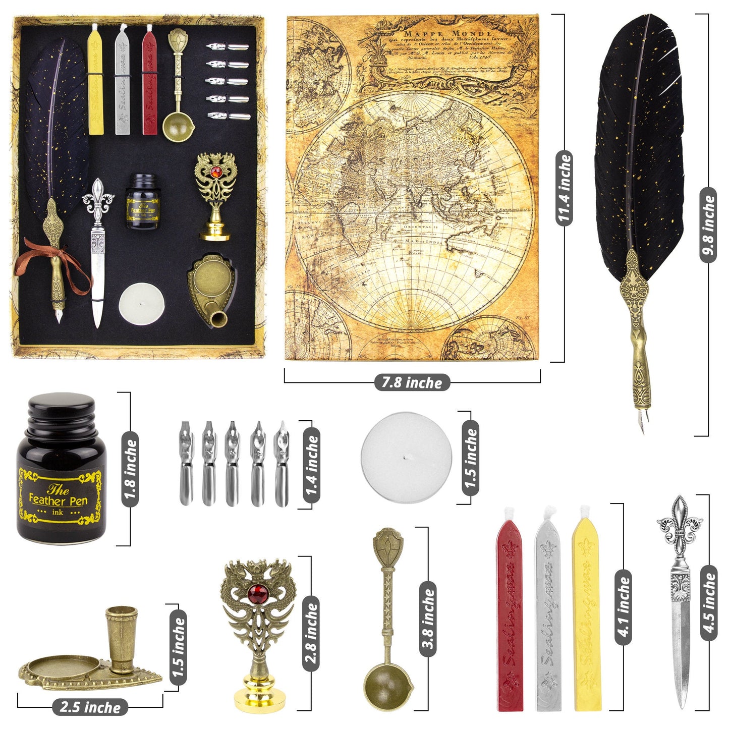 Quill And Ink Wax Stamp Set - Feather Pen Antique, Wax Stamp, Wax, Candle, Spoon, Letter Opener, Dip Pen Stand, Nibs & Ink Well In Gift Box
