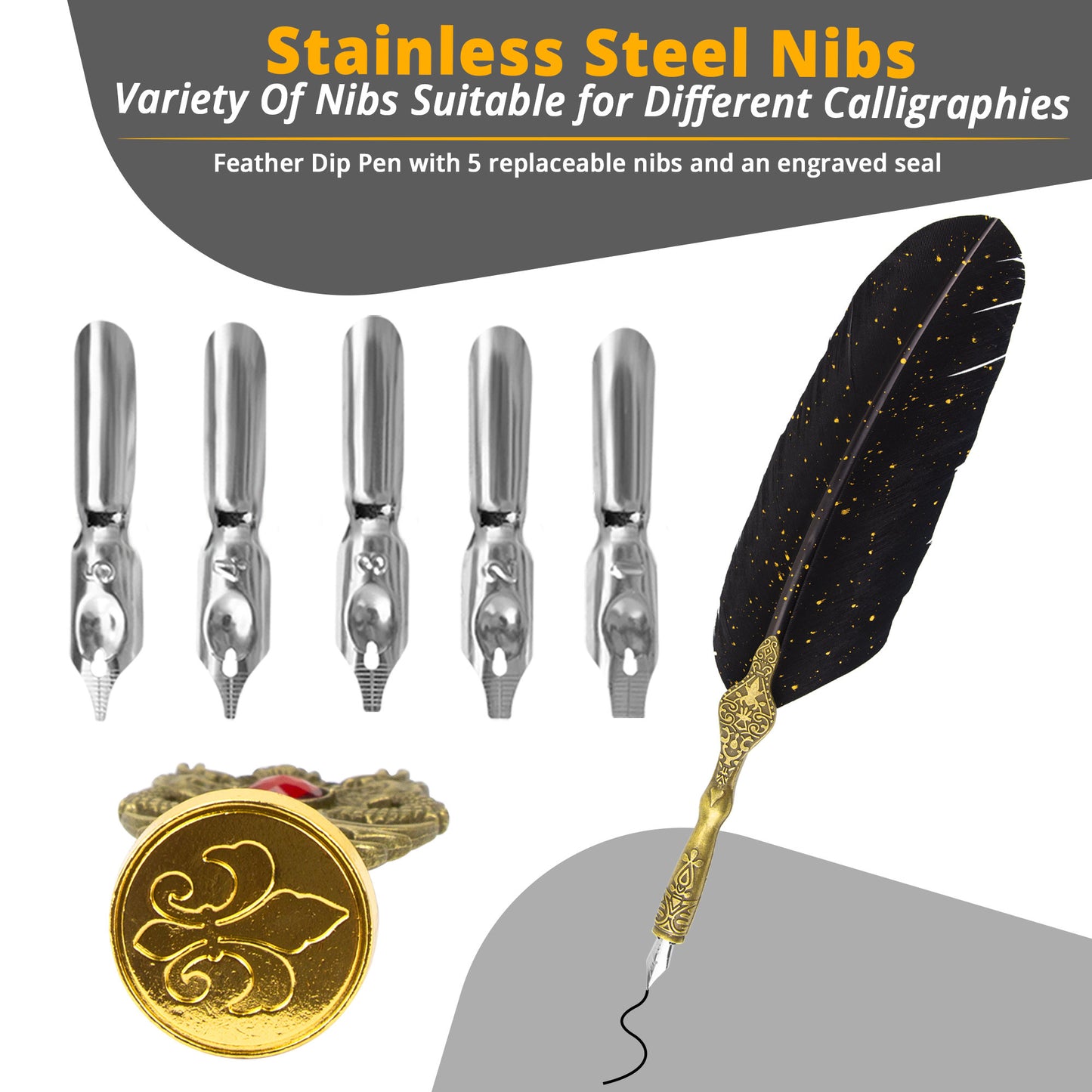 Quill And Ink Wax Stamp Set - Feather Pen Antique, Wax Stamp, Wax, Candle, Spoon, Letter Opener, Dip Pen Stand, Nibs & Ink Well In Gift Box