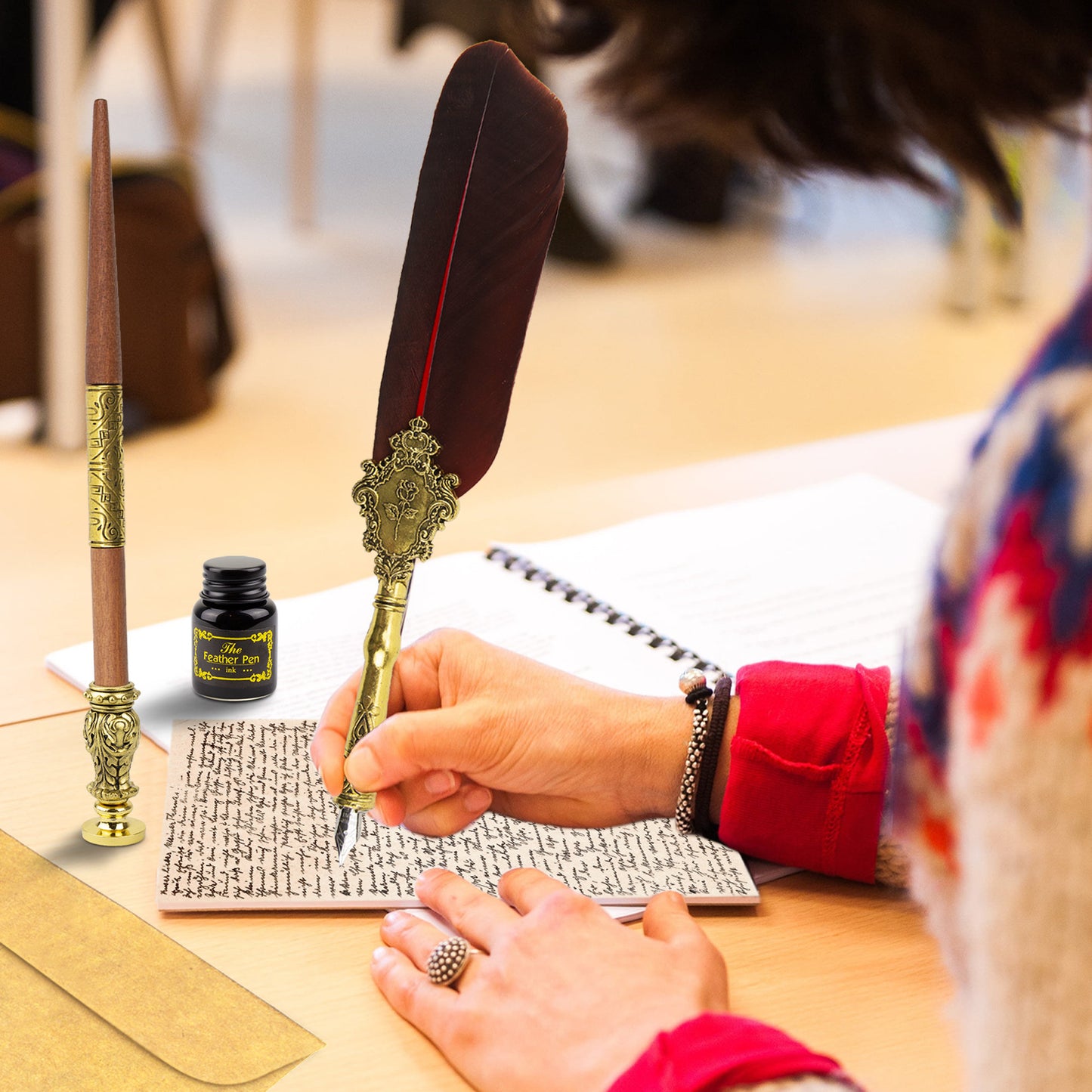 Trustela's Quill And Ink Wax Stamp Set - Wooden Pen, Feather Pen Antique, Dip Pen Stand/Seal, Nibs, Wax, Spoon And Ink Well In A Gift Box