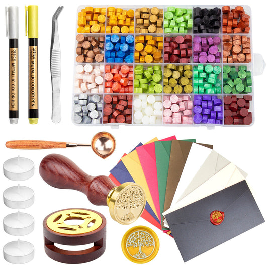 Wax Seal Stamp Kit - Wax Seal Kit 650pcs Wax Seal Beads, Sealing Wax Warmer, Envelopes, Wax Stamp, Wax Seal Spoon, Candles, Tweezers and Pen