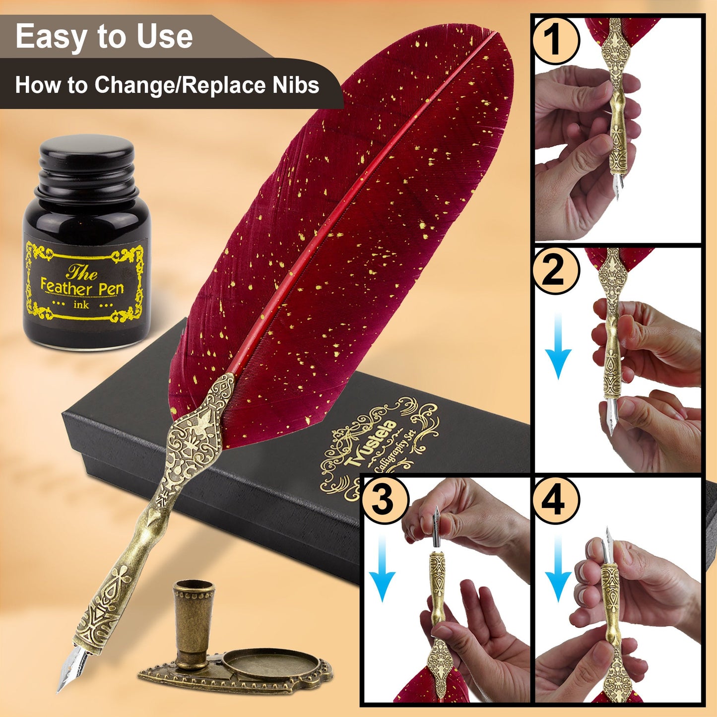 Trustela's Quill Pen And Ink Set - Includes Feather Pen Antique, Dip Pen Stand, Calligraphy Nibs And Black Ink Well In A Gift Box