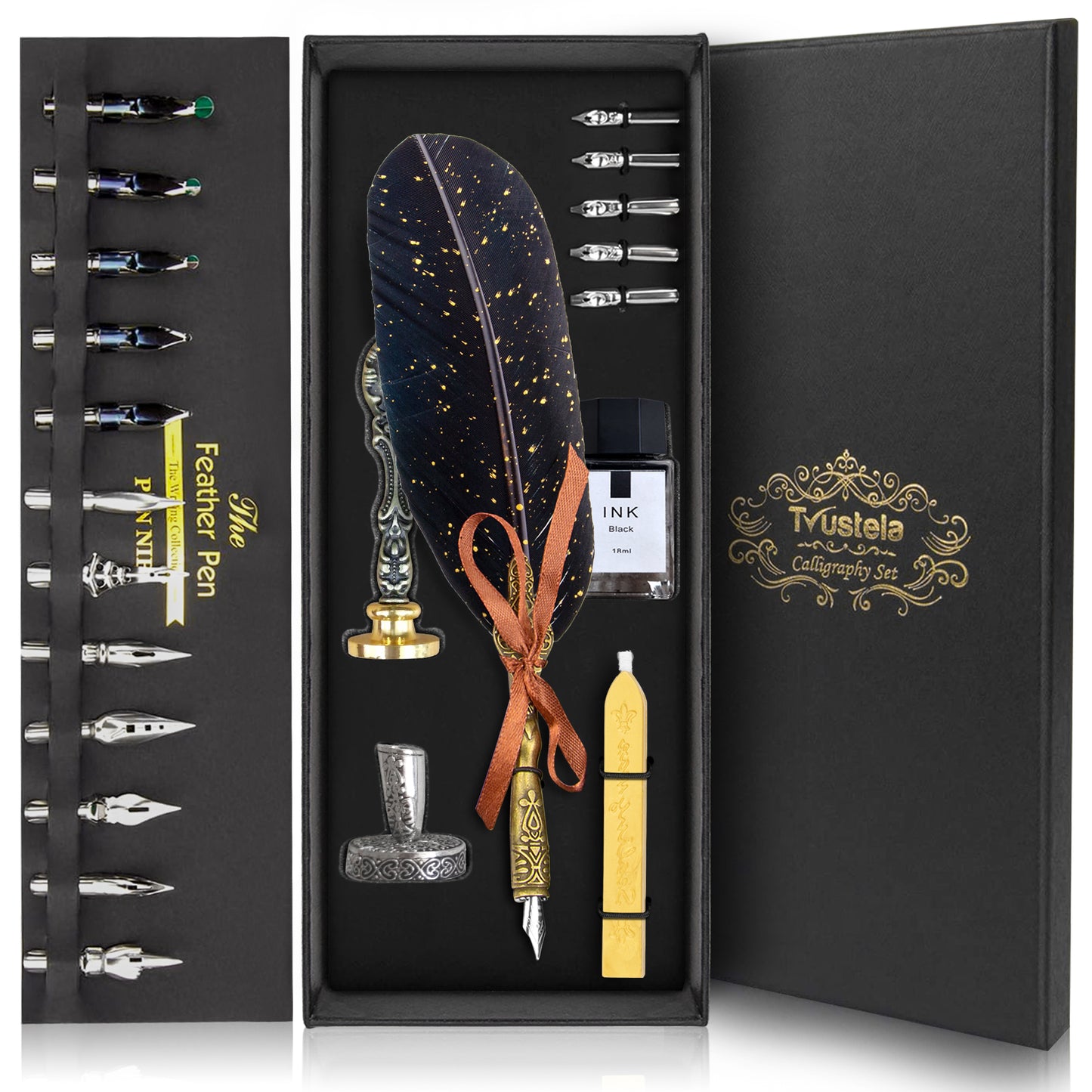 Trustela's Quill Pen And Ink Set - Includes Feather Pen Antique, Dip Pen Stand, Calligraphy Nibs And Black Ink Well In A Gift Box