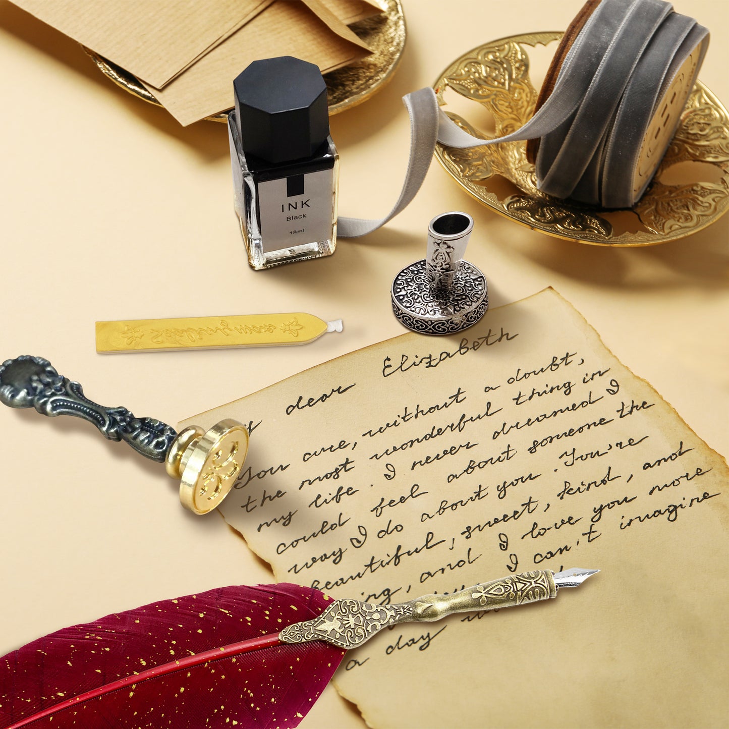 Trustela's Quill Pen And Ink Set - Includes Feather Pen Antique, Dip Pen Stand, Calligraphy Nibs And Black Ink Well In A Gift Box