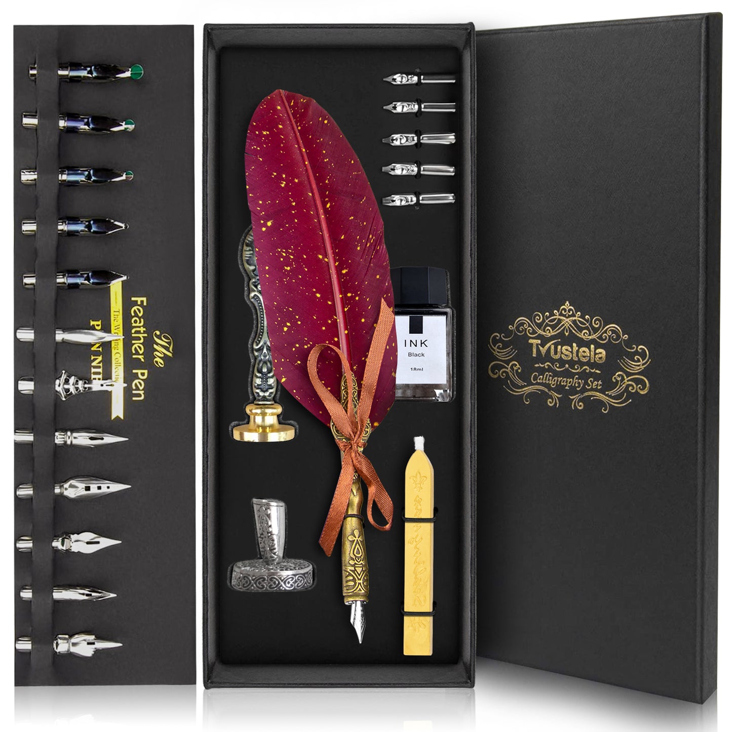 Trustela's Quill Pen And Ink Set - Includes Feather Pen Antique, Dip Pen Stand, Calligraphy Nibs And Black Ink Well In A Gift Box