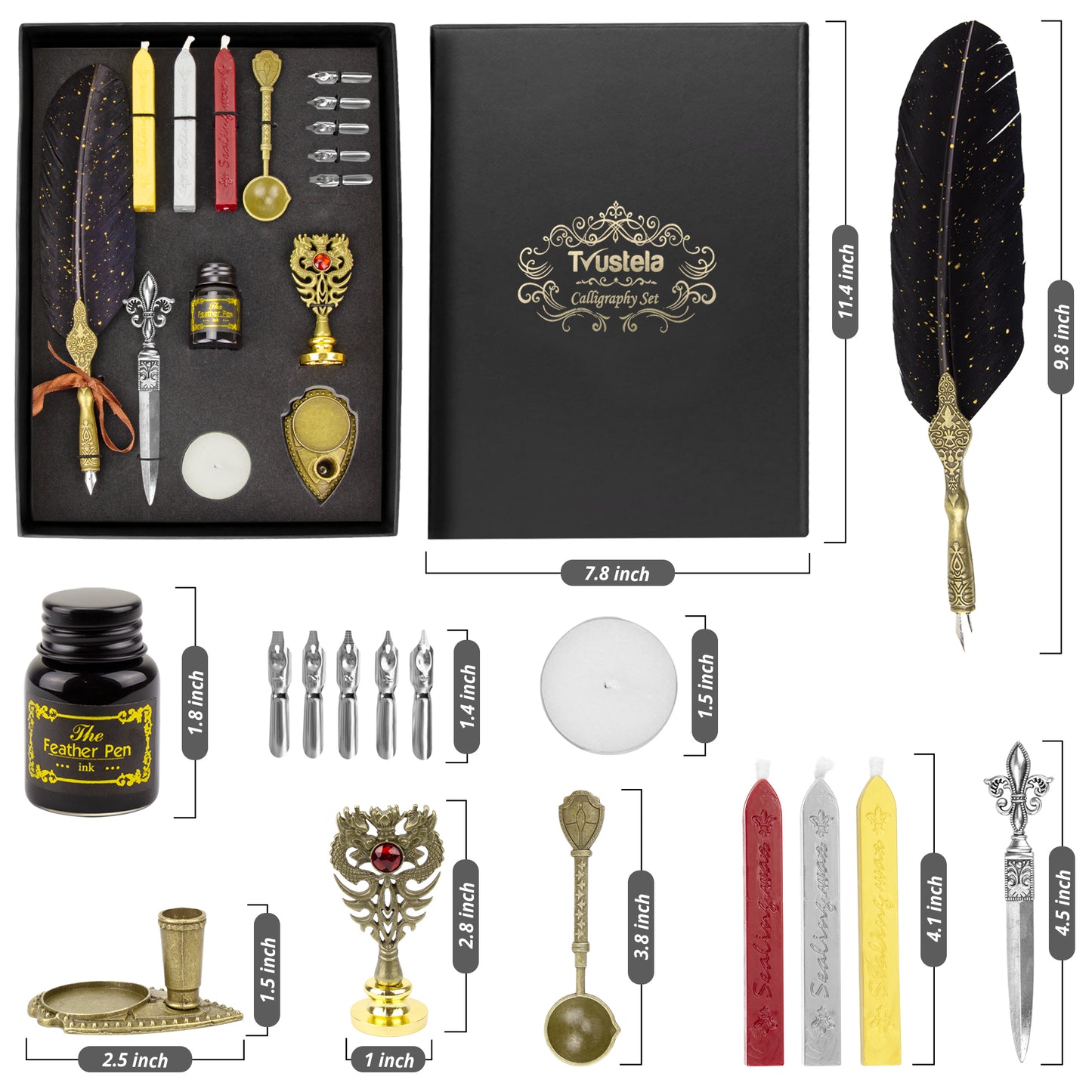 Quill And Ink Wax Stamp Set - Feather Pen Antique, Wax Stamp, Wax, Candle, Spoon, Letter Opener, Dip Pen Stand, Nibs & Ink Well In Gift Box