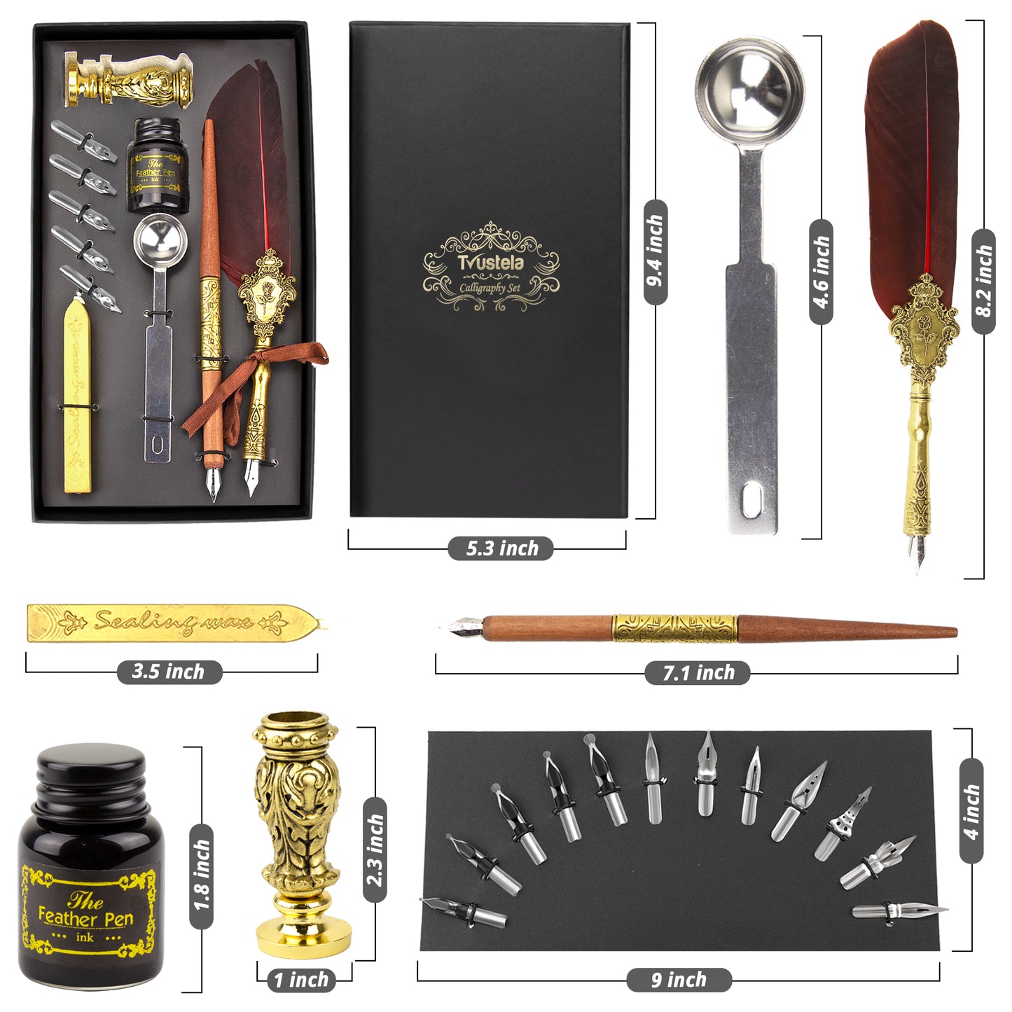 Trustela's Quill And Ink Wax Stamp Set - Wooden Pen, Feather Pen Antique, Dip Pen Stand/Seal, Nibs, Wax, Spoon And Ink Well In A Gift Box
