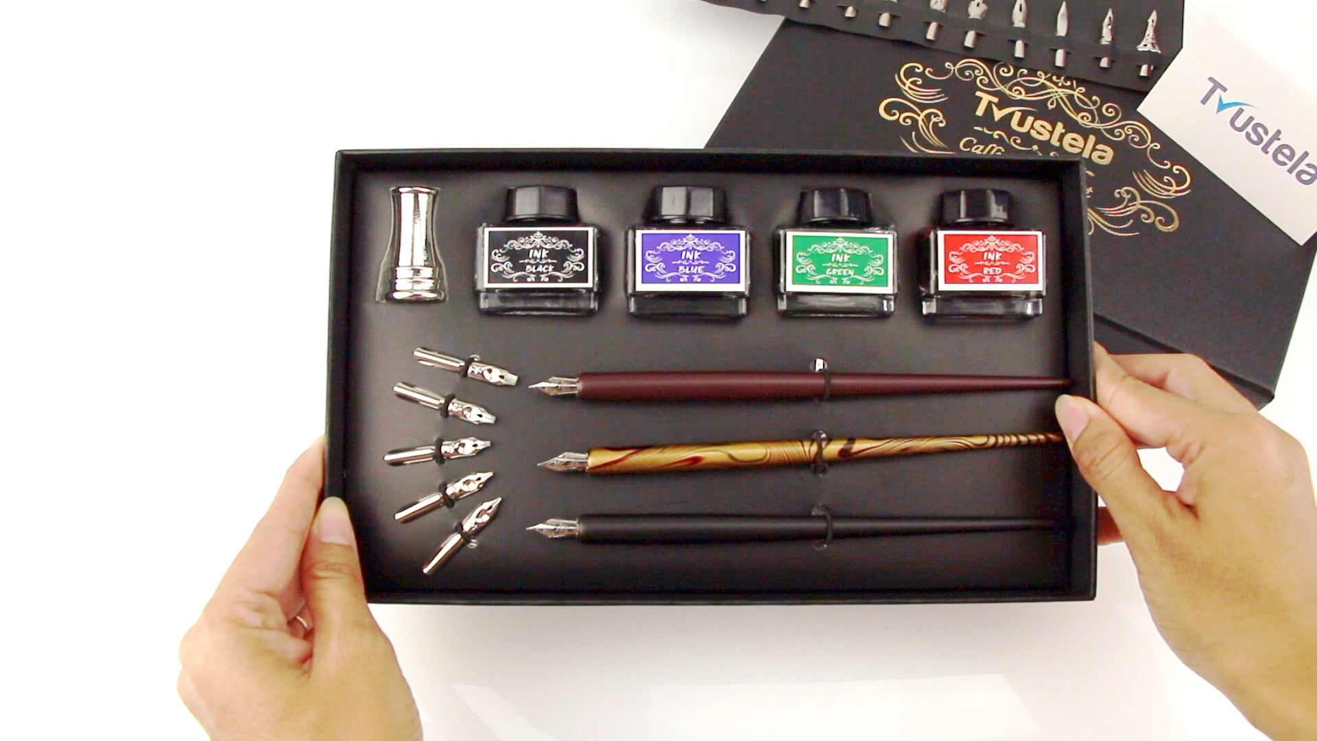 Load video: Trustela Calligraphy Pen Set With Three Wooden Pens