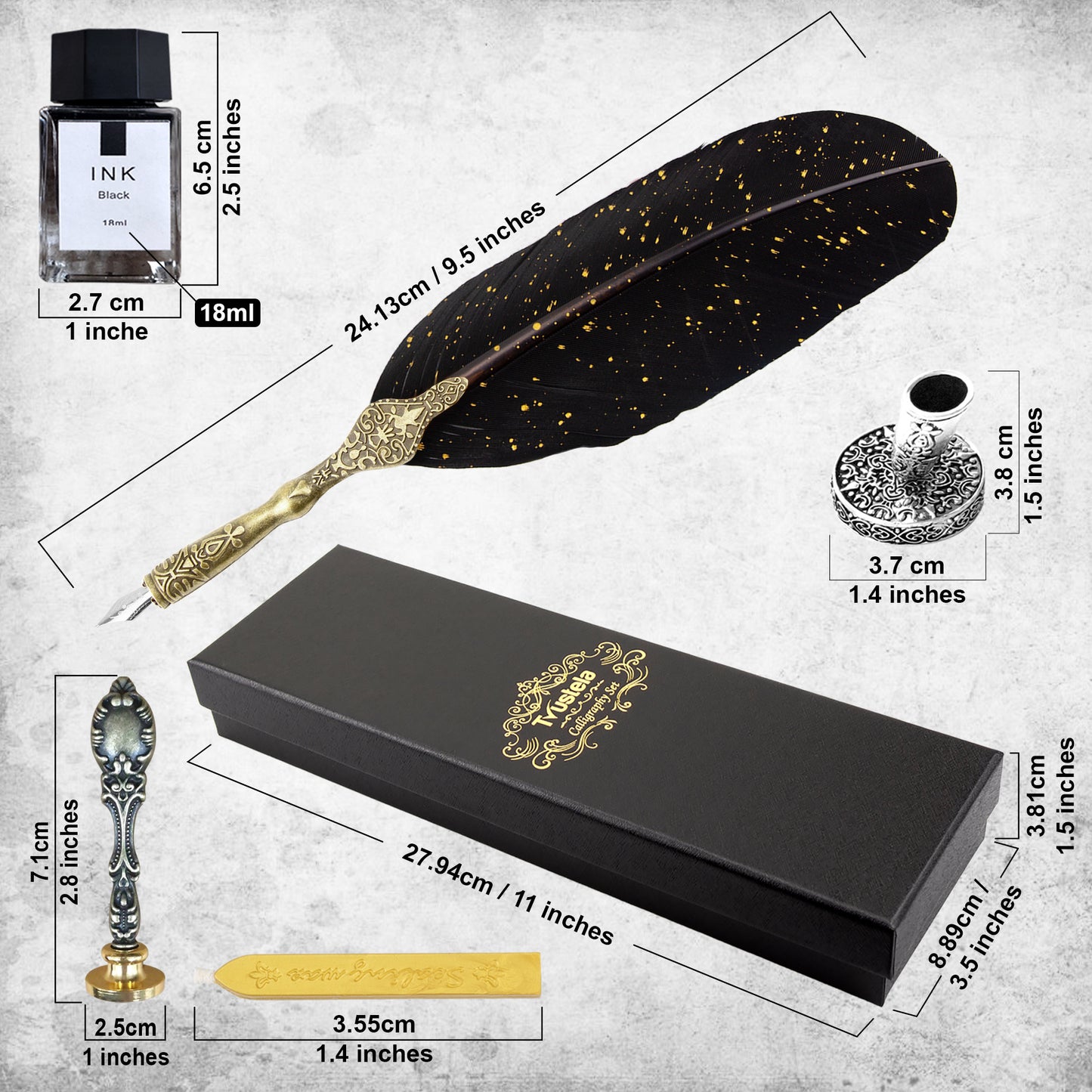 Trustela's Quill Pen And Ink Set - Includes Feather Pen Antique, Dip Pen Stand, Calligraphy Nibs And Black Ink Well In A Gift Box