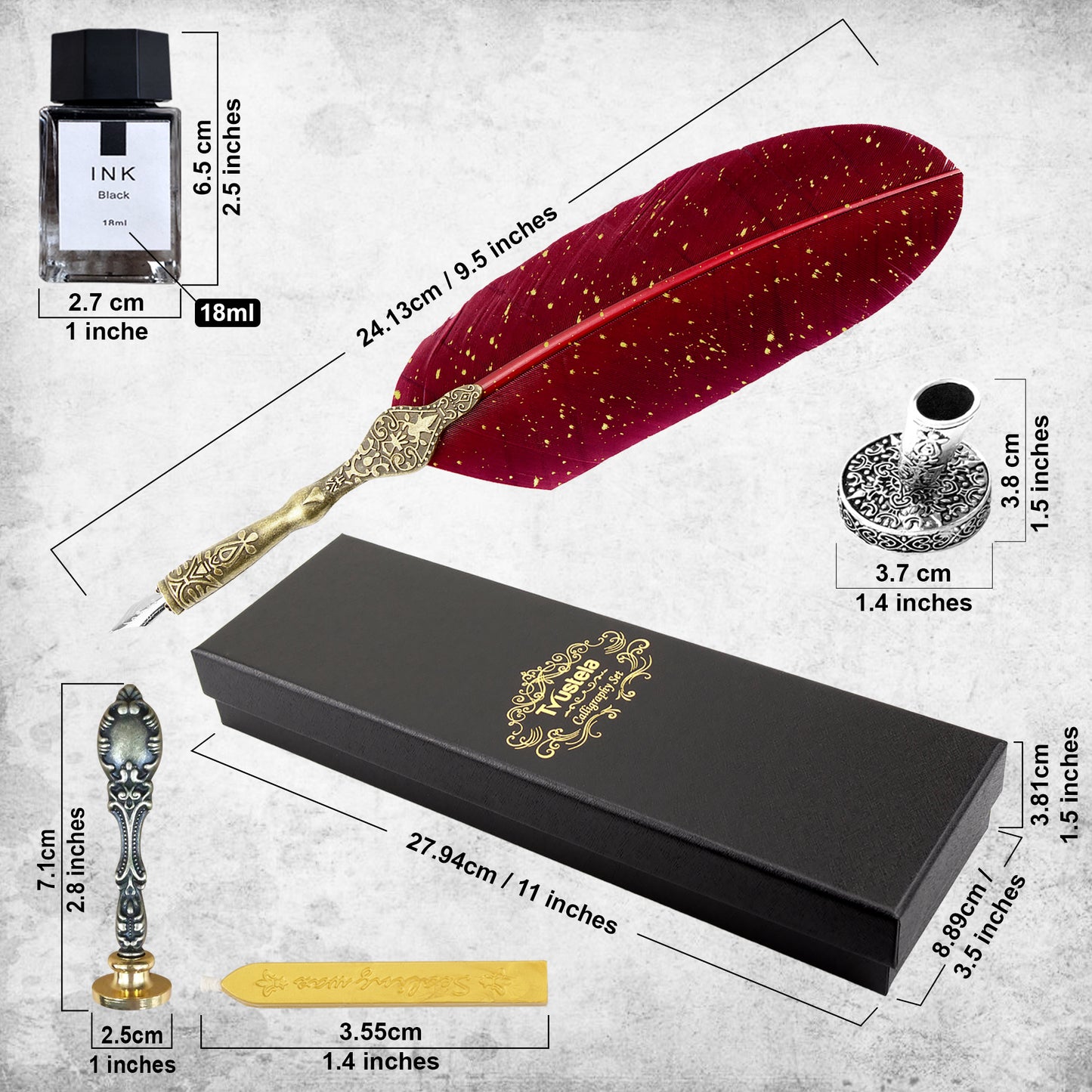Trustela's Quill Pen And Ink Set - Includes Feather Pen Antique, Dip Pen Stand, Calligraphy Nibs And Black Ink Well In A Gift Box