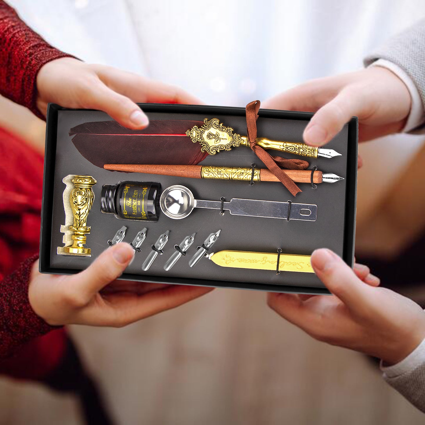 Trustela's Quill And Ink Wax Stamp Set - Wooden Pen, Feather Pen Antique, Dip Pen Stand/Seal, Nibs, Wax, Spoon And Ink Well In A Gift Box