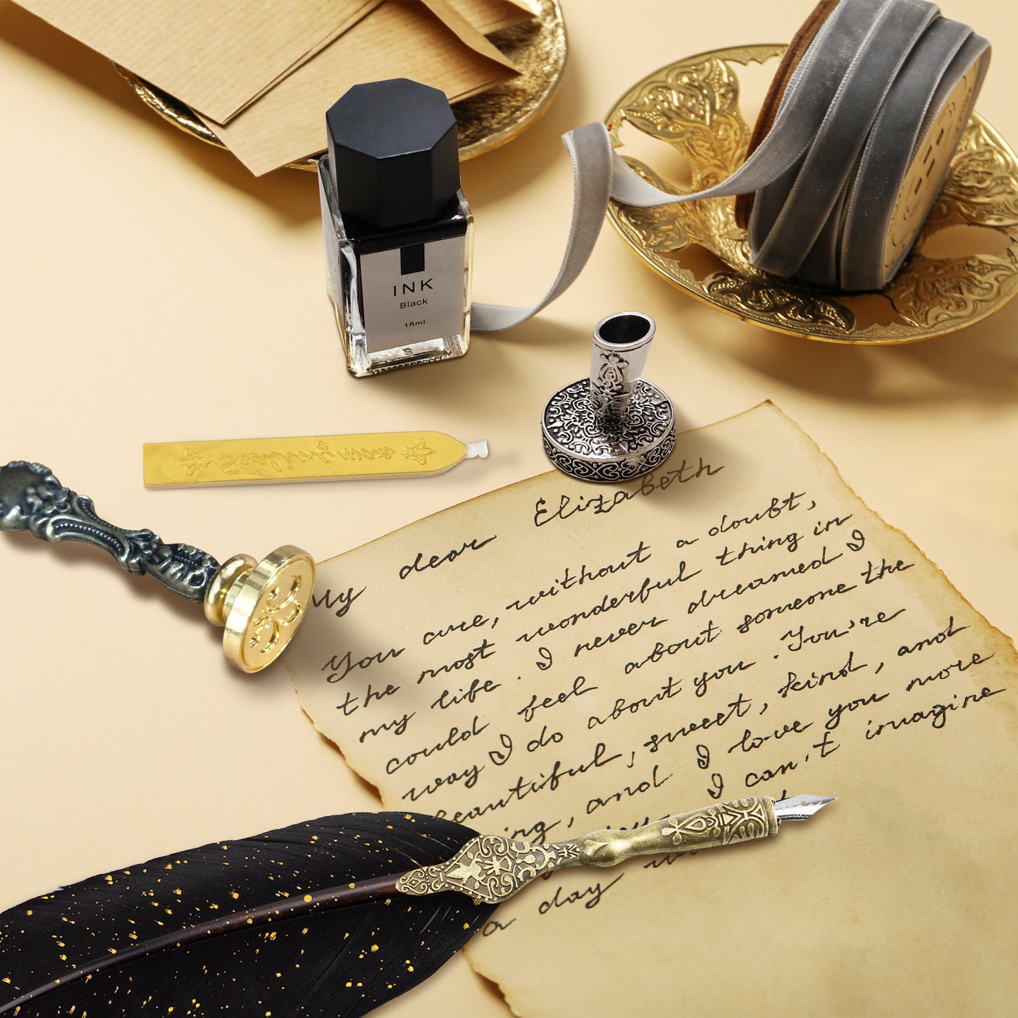 Trustela's Quill Pen And Ink Set - Includes Feather Pen Antique, Dip Pen Stand, Calligraphy Nibs And Black Ink Well In A Gift Box