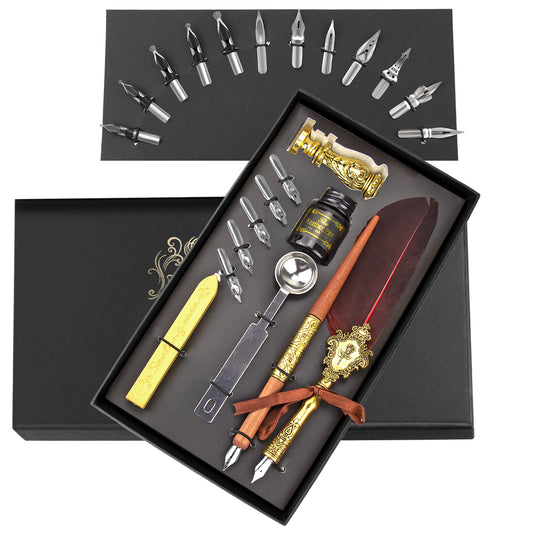 Trustela's Quill And Ink Wax Stamp Set - Wooden Pen, Feather Pen Antique, Dip Pen Stand/Seal, Nibs, Wax, Spoon And Ink Well In A Gift Box