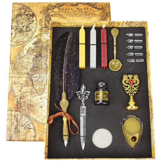Quill And Ink Wax Stamp Set - Feather Pen Antique, Wax Stamp, Wax, Candle, Spoon, Letter Opener, Dip Pen Stand, Nibs & Ink Well In Gift Box