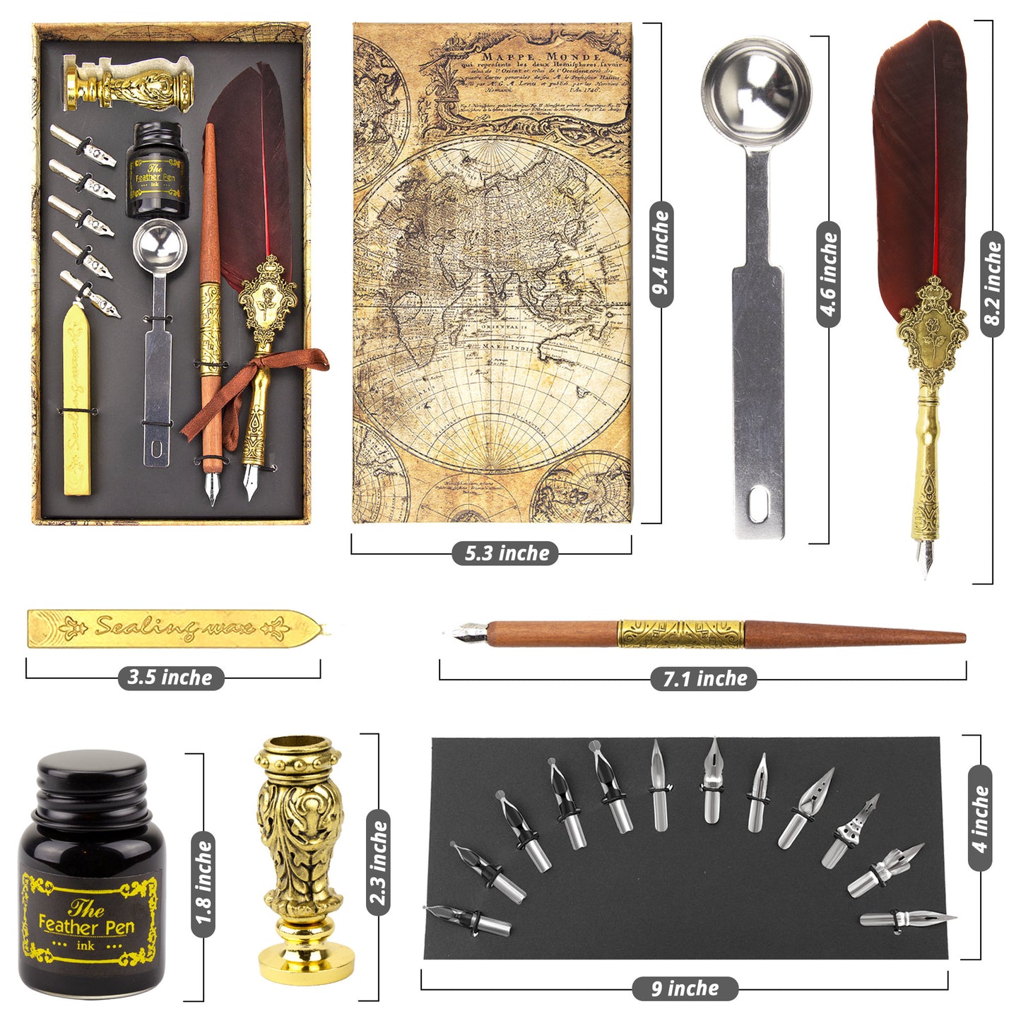 Trustela's Quill And Ink Wax Stamp Set - Wooden Pen, Feather Pen Antique, Dip Pen Stand/Seal, Nibs, Wax, Spoon And Ink Well In A Gift Box