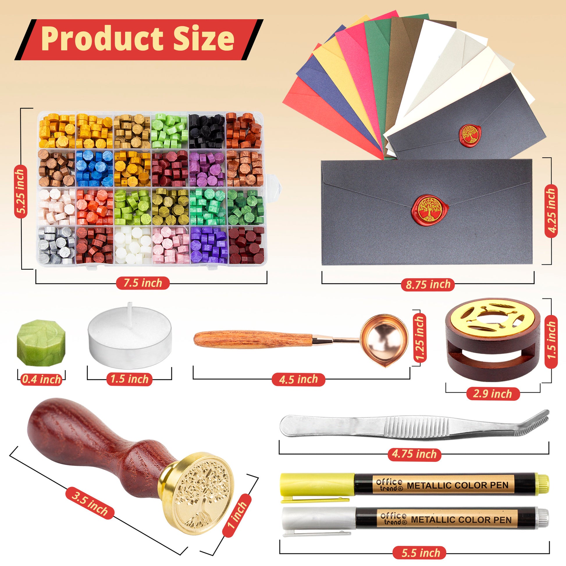 Comealltime Wax Seal Kit with Gift Box, 624 Pcs Wax Seal Beads with 2 Pcs  Wax Seal Stamps, Sealing Wax Warmer, Wax Seal Metallic Pen, Envelope