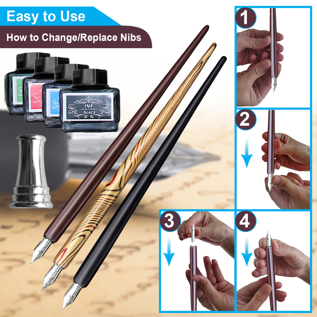 3 Calligraphy Pens With Ink Set (calligraphy pens for beginners) – Trustela