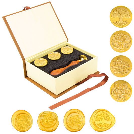 Wax Seal Stamp Set-Sealing Wax Stamps Tree Of Life Stamp, Thank You Stamp, Best Wishes Stamp & Happy Birthday Seal Wax Stamp Kit In Gift Box
