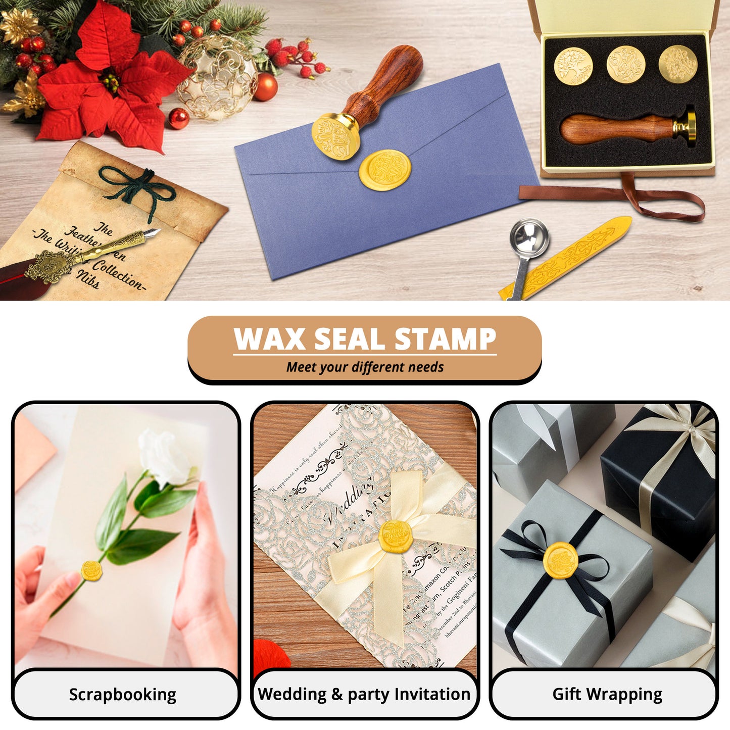 Wax Seal Stamp Set-Sealing Wax Stamps Tree Of Life Stamp, Thank You Stamp, Best Wishes Stamp & Happy Birthday Seal Wax Stamp Kit In Gift Box