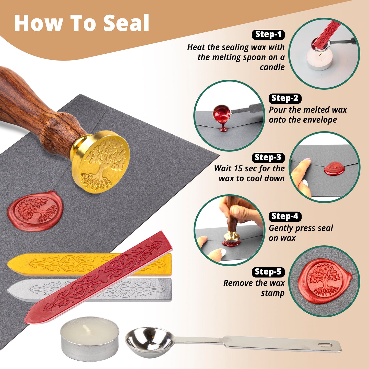 Wax Seal Stamp Kit-Wax Seal Kit With Gold,Silver and Red Wax Sticks,Tree Of Life Wax Stamp,Wax Seal Spoon & Two Tealight Candles In Gift Box