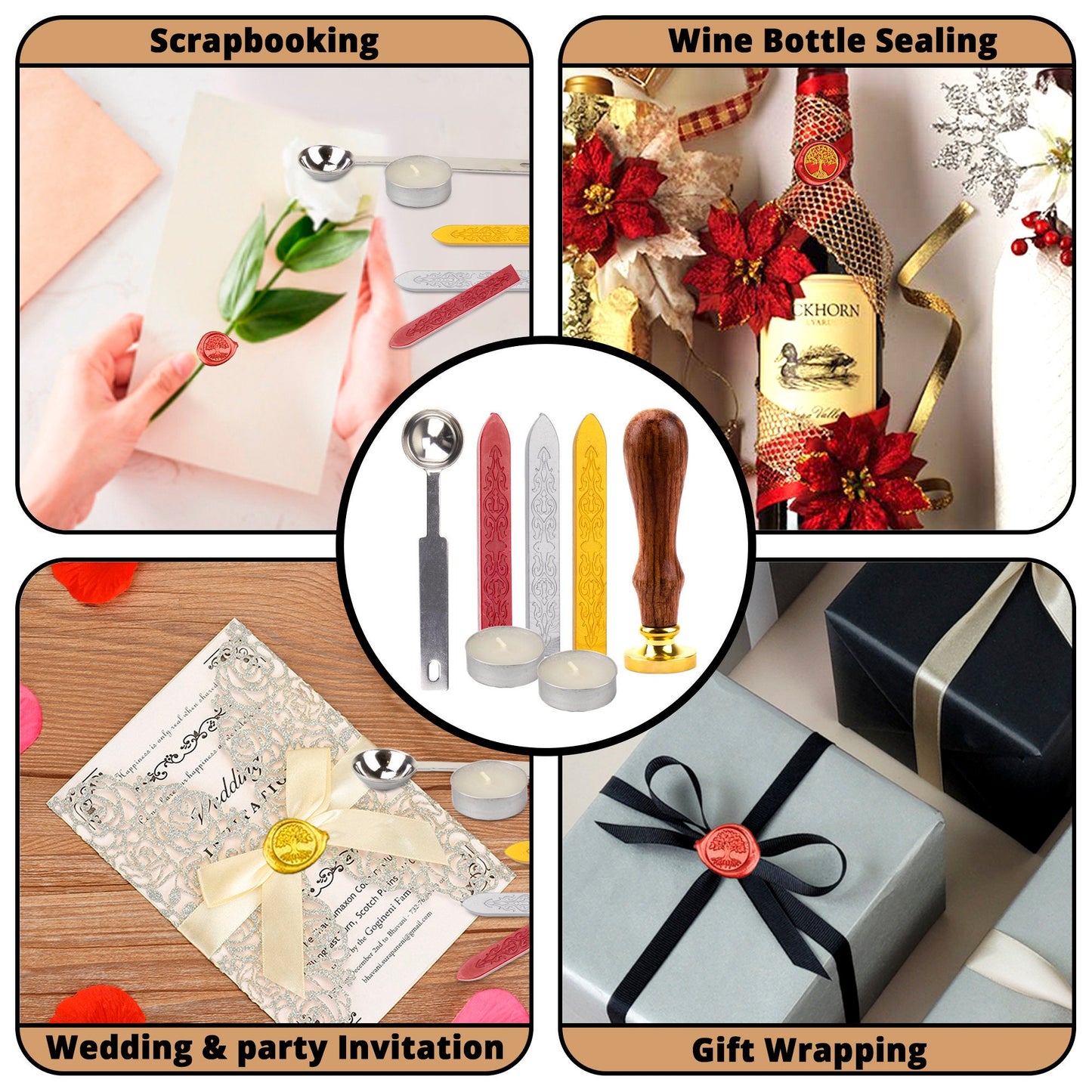 Wax Seal Stamp Kit-Wax Seal Kit With Gold,Silver and Red Wax Sticks,Tree Of Life Wax Stamp,Wax Seal Spoon & Two Tealight Candles In Gift Box