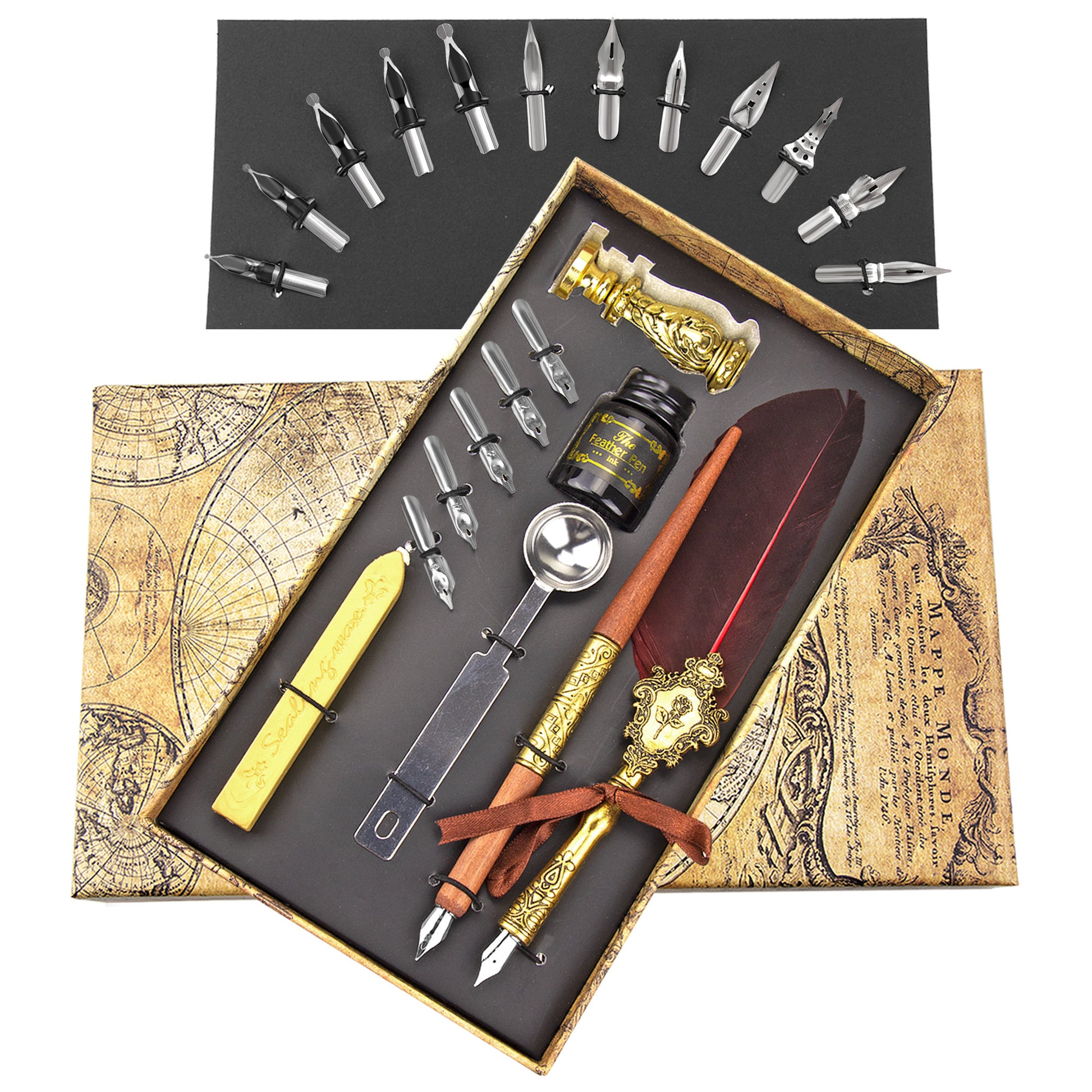 Feather Pen Set: Feather quill, wood pen, metal nibs, and ink