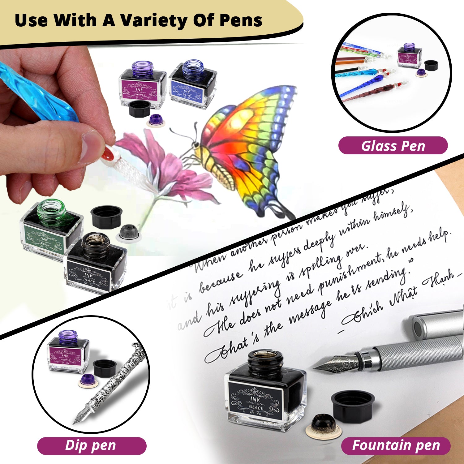 Dip Pen Ink Set - 24 Colored + 8 Black Inks, UBEART Drawing Ink