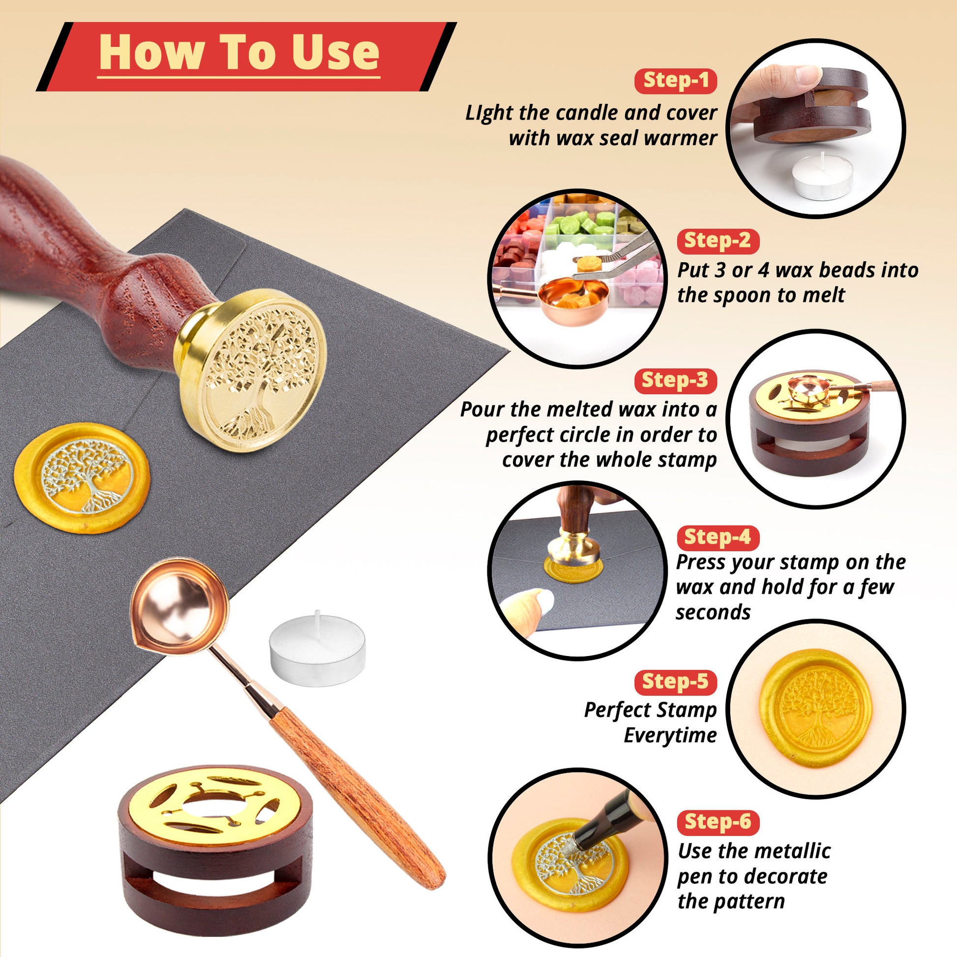 Wooden Wax Seal Warmer Melting Spoon Kit , Sealing Wax Beads Easy to Clean