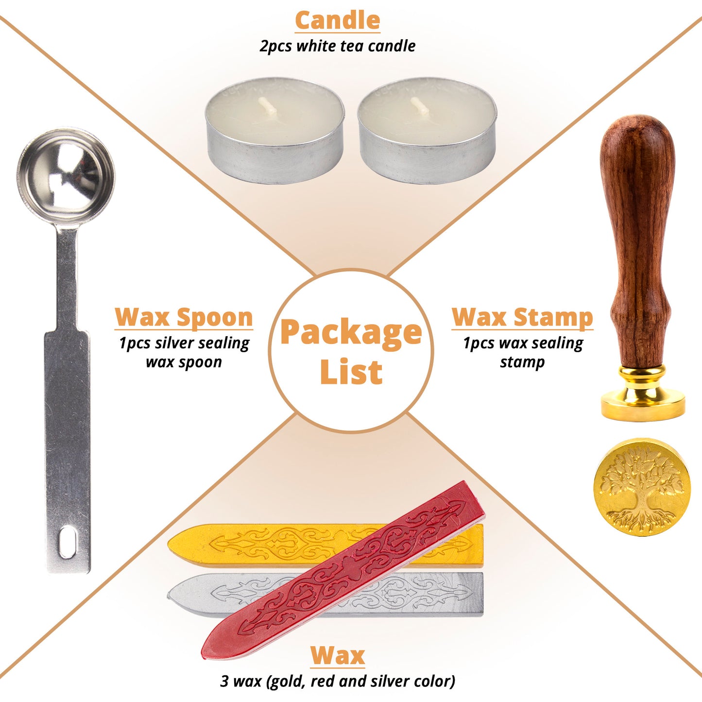 Wax Seal Stamp Kit-Wax Seal Kit With Gold,Silver and Red Wax Sticks,Tree Of Life Wax Stamp,Wax Seal Spoon & Two Tealight Candles In Gift Box